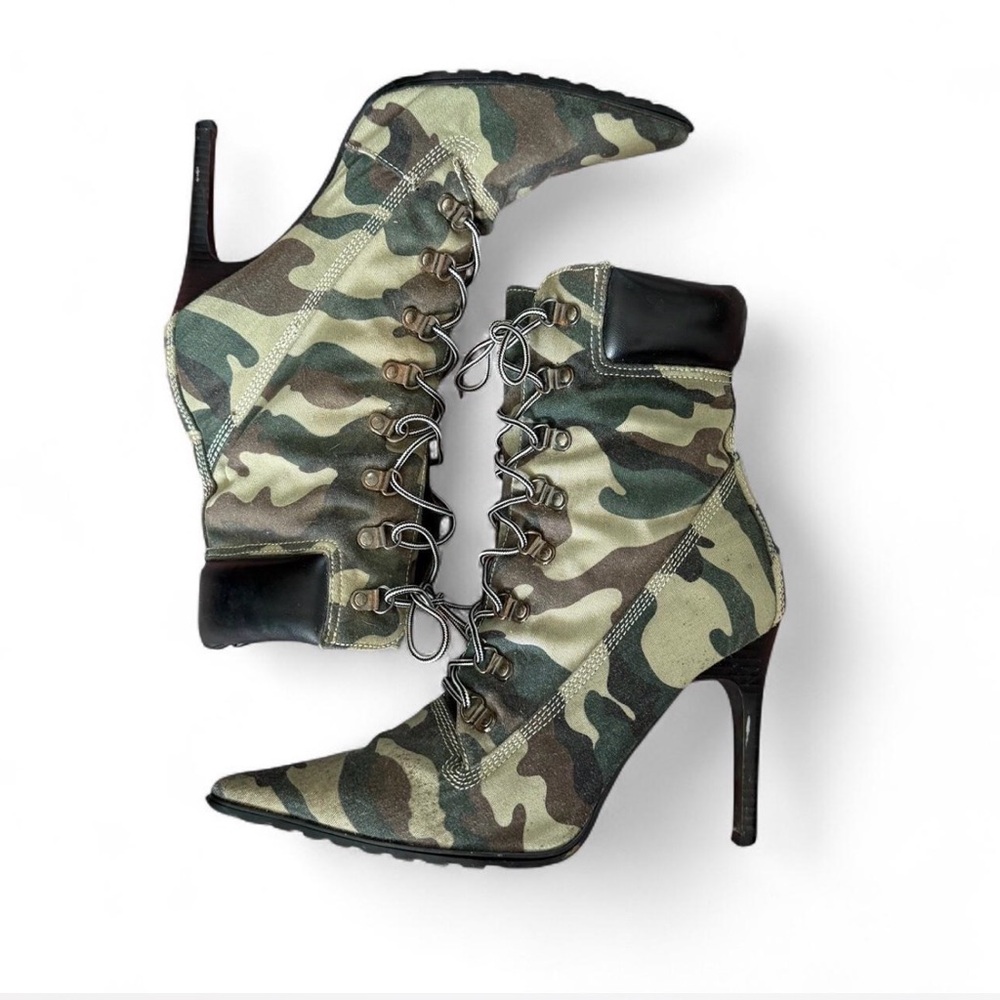 Camouflage Lace-Up Stiletto Ankle Boots - Women